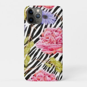 Zebra patroon roze bloemen en strepen iPhone 11 pro hoesje