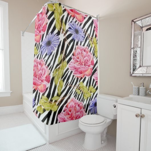 Zebra patroon roze bloemen en strepen douchegordijn (In situ)