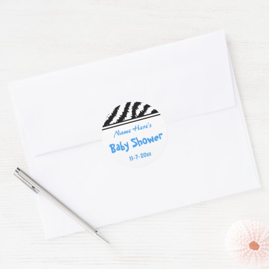 Zebra Pattern Baby shower. Blauw, zwart en wit. Ronde Sticker (Envelop)