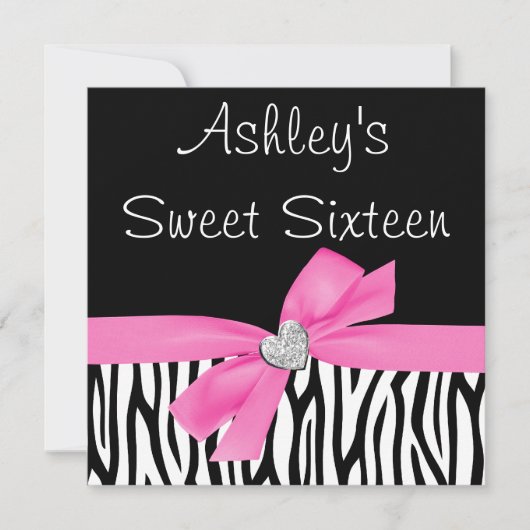 Zebra Pink Bow Diamond Sweet 16 Invitations (Devant)