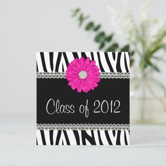 Zebra Pink Daisy Faux Pareltjes Afstuderen Aankond Kaart (Staand voorkant)