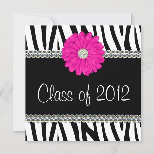 Zebra Pink Daisy Faux Pareltjes Afstuderen Aankond Kaart (Voorkant)