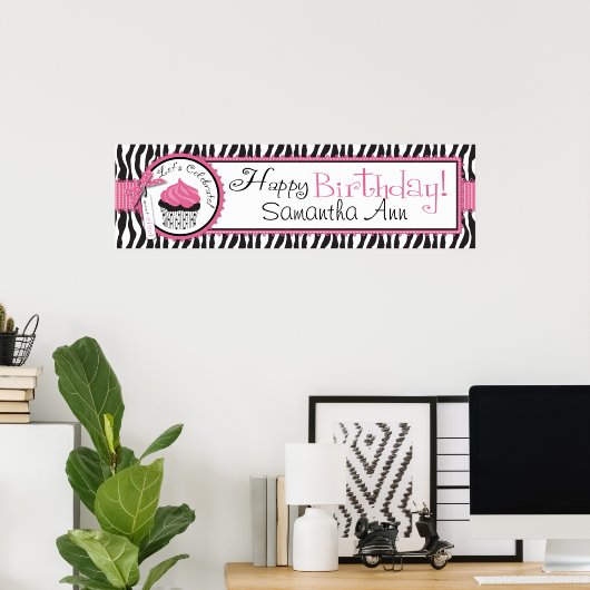 Zebra Print and Cupcake Birthday Banner (Thuiskantoor)
