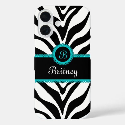Zebra Print Aqua Lace Monogram Case-Mate iPhone Case (Achterkant)