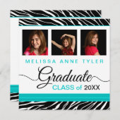 Zebra Print Aqua Photo Graduation Invitation (Devant / Derrière)