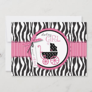 Zebra Print & Baby Carriage Baby shower Invitation Kaart