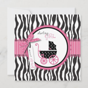 Zebra Print & Baby Carriage Baby shower Kaart