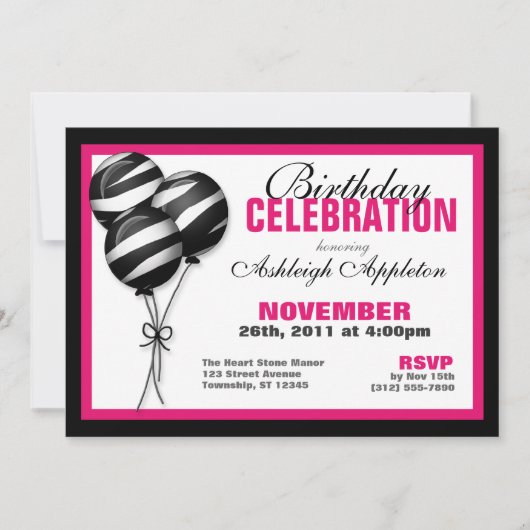 Zebra Print Balloons Fuchsia Invitations d'anniver (Devant)