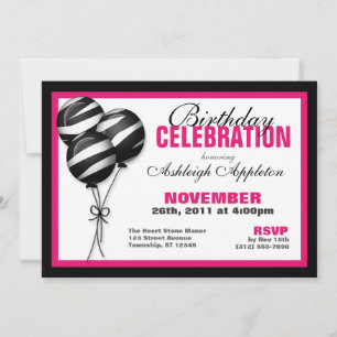 Zebra Print Balloons Fuchsia Invitations d'anniver