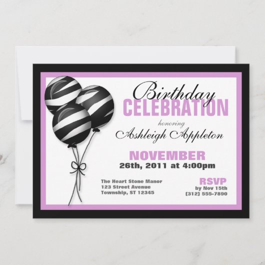 Zebra Print Balloons violet Invitations d'annivers (Devant)
