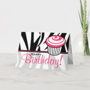 Zebra Print Birthday Card met roze cupcake Kaart