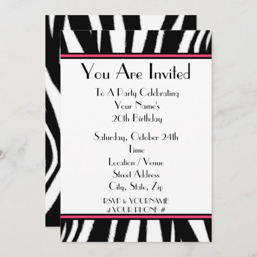 Zebra Print Birthday Party Invitation (Devant / Derrière)