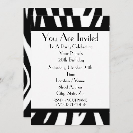 Zebra Print Birthday Party Invitation (Devant / Derrière)