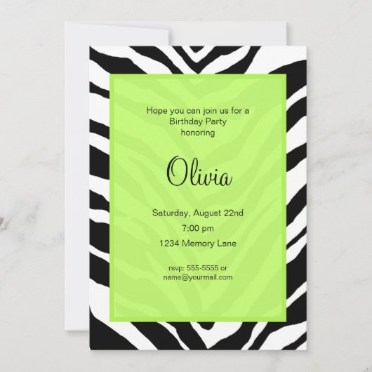 Zebra Print Birthday Party Invitation (Devant)