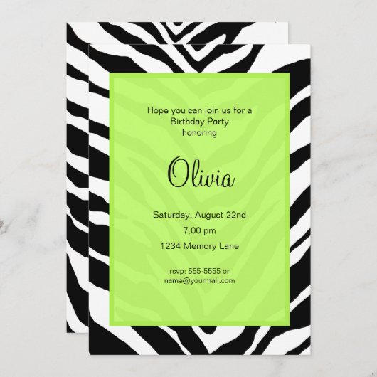 Zebra Print Birthday Party Invitation (Devant / Derrière)