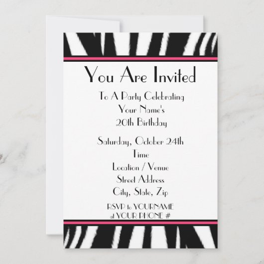 Zebra Print Birthday Party Invitation Kaart (Voorkant)
