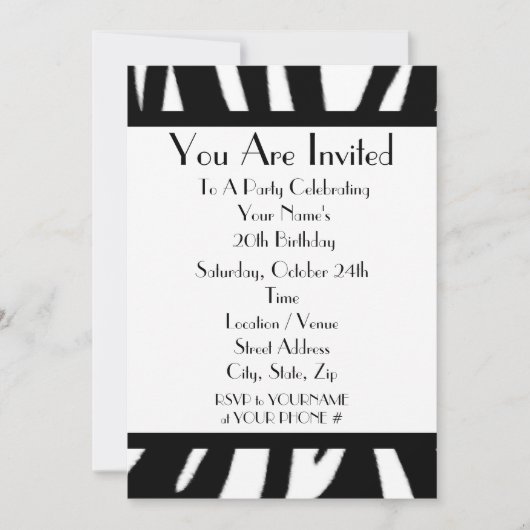 Zebra Print Birthday Party Invitation Kaart (Voorkant)