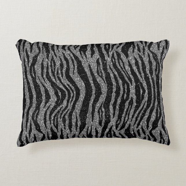 Zebra Print Black en Grey Silver Accent Kussen (Voorkant)