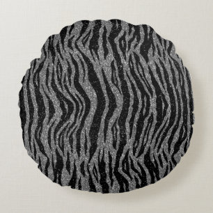 Zebra Print Black en Grey Silver Rond Kussen
