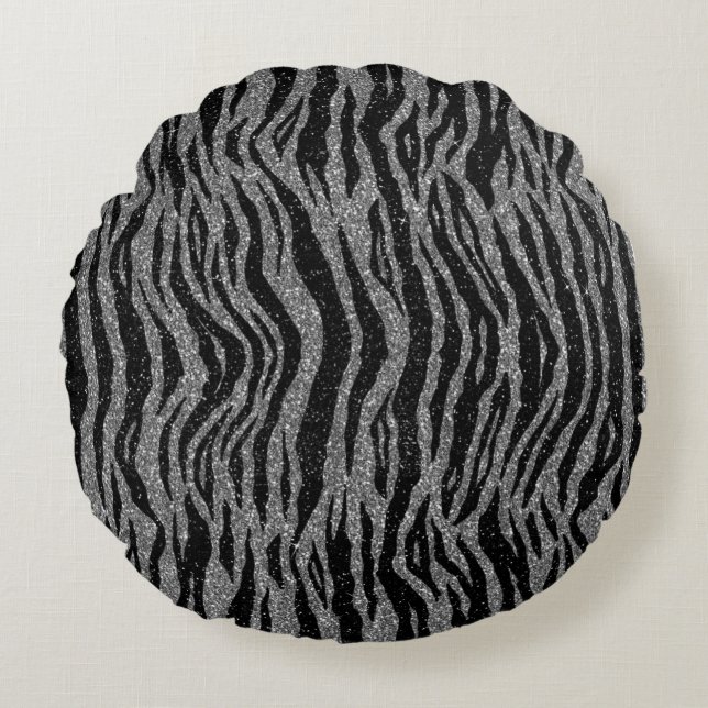 Zebra Print Black en Grey Silver Rond Kussen (Voorkant)