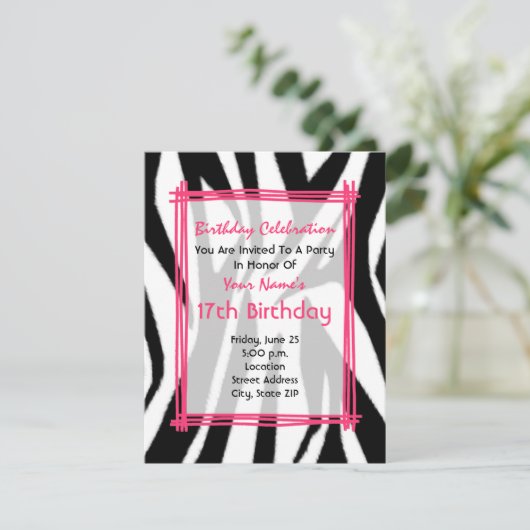 Zebra Print en hot roze Mode zaterdag uitnodigen Kaart (Staand voorkant)