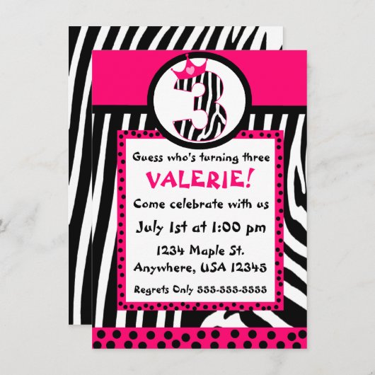 Zebra print en roze diva 3e verjaardagsuitnodiging kaart (Voorkant / Achterkant)