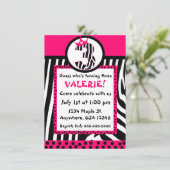 Zebra print en roze diva 3e verjaardagsuitnodiging kaart (Staand voorkant)