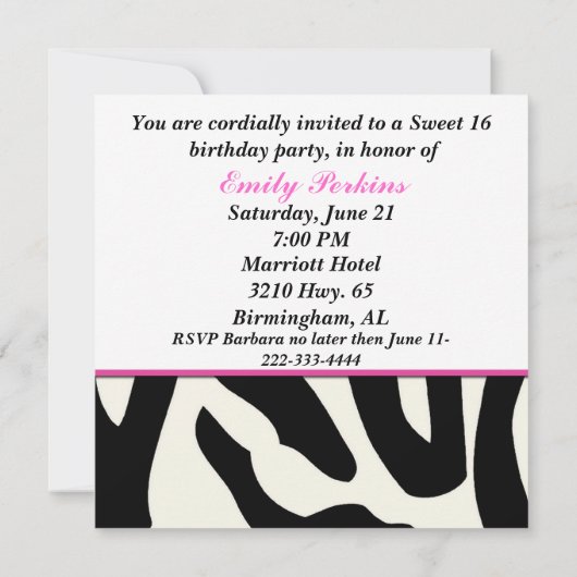 Zebra Print et Crown Sweet sixteen Invitation (Dos)