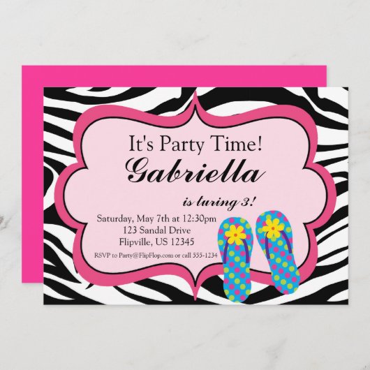 Zebra Print Flip Flop Invitation à la fête d'anniv (Devant / Derrière)