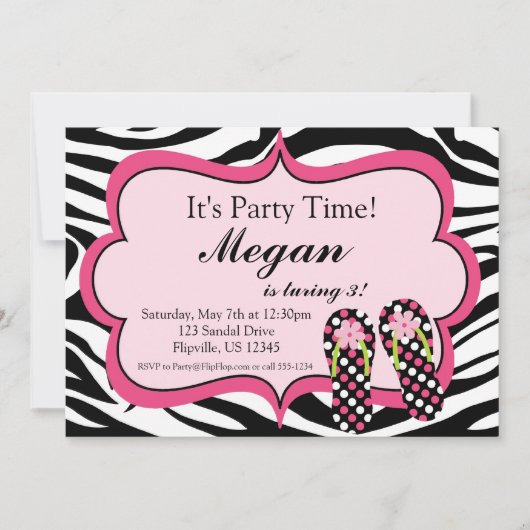 Zebra Print Flip Flop Invitation à la fête d'anniv (Devant)