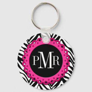 Zebra Print Hot Pink lens Monogram aangepast Sleutelhanger