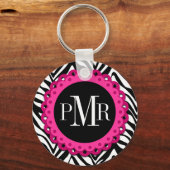 Zebra Print Hot Pink lens Monogram aangepast Sleutelhanger (Voorkant)