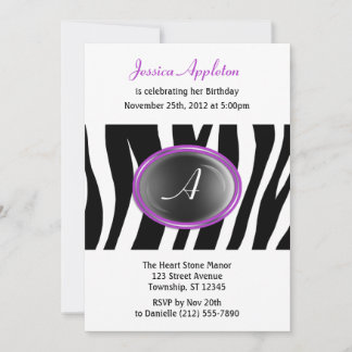 Zebra Print Paars Glass Monogram Birthday Kaart