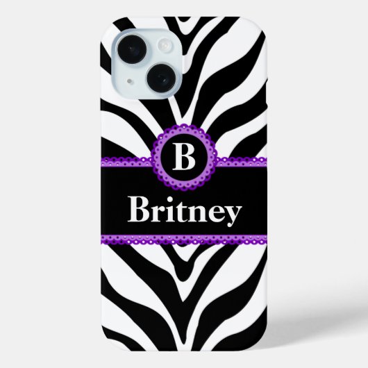 Zebra Print Paarse kant Monogram Naam Case-Mate iPhone Case (Achterkant)