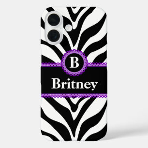 Zebra Print Paarse kant Monogram Naam iPhone 16 Hoesje