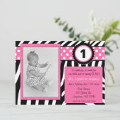 Zebra Print Pink Girls Birthday Uitnodiging (Staand voorkant)