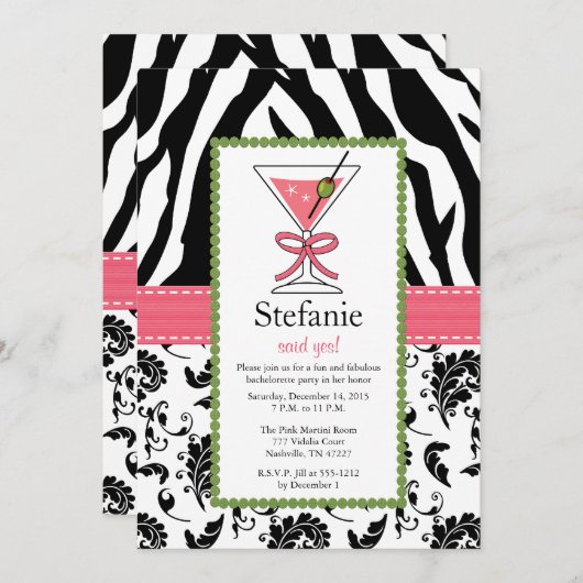 Zebra Print Pink Martini Bachelorette Invitations (Devant / Derrière)