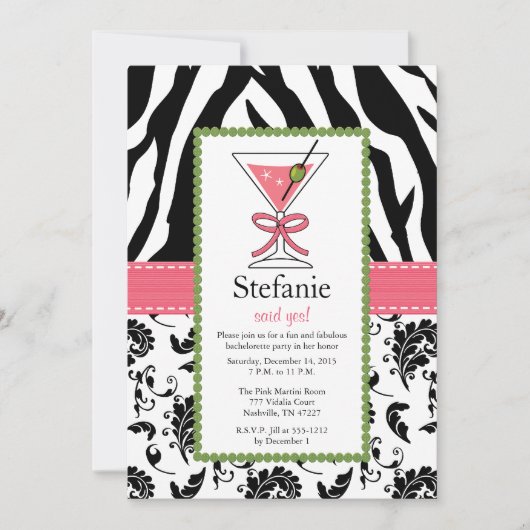 Zebra Print Pink Martini Bachelorette Kaart (Voorkant)