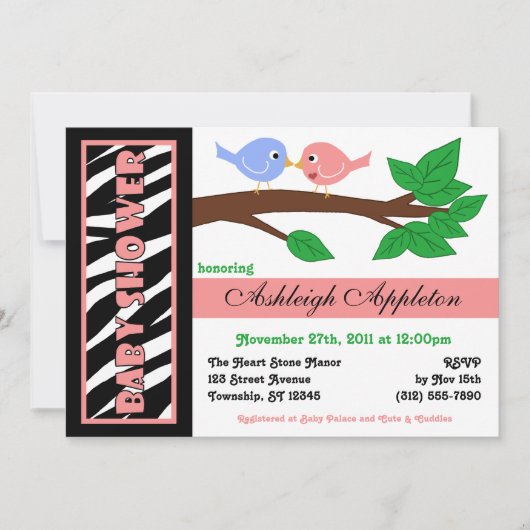 Zebra Print rose Birdy Baby Shower Invitations (Devant)