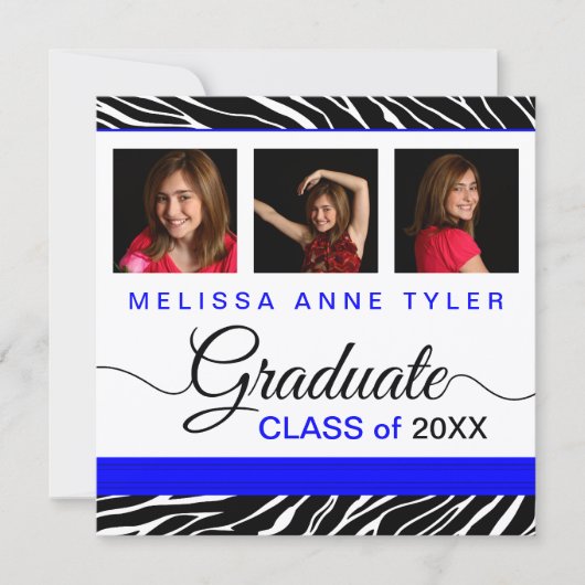 Zebra Print Royal Blue Photo Afstuderen Invitation Kaart (Voorkant)