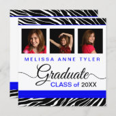 Zebra Print Royal Blue Photo Graduation Invitation (Devant / Derrière)