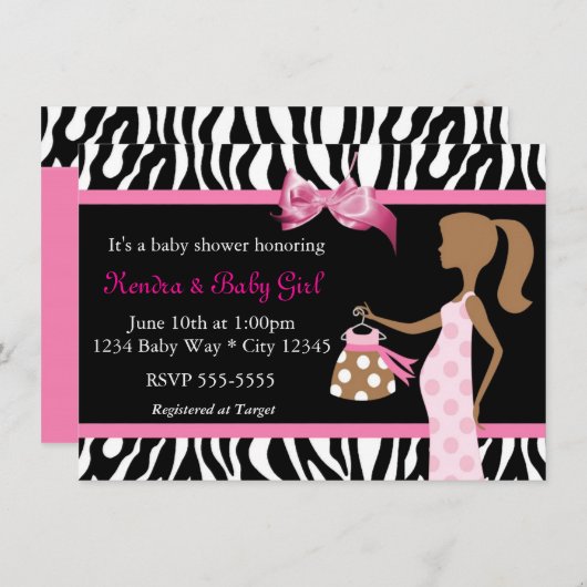 Zebra Print & Roze Bow Mod Moeder Baby Meisje Douc Kaart (Voorkant / Achterkant)