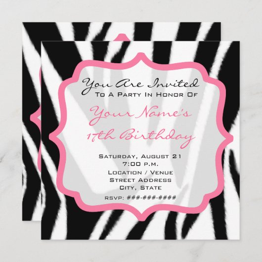 Zebra Print & Roze Cupcake Birthday Party nodigt u Kaart (Voorkant / Achterkant)