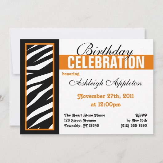 Zebra Print Side Orange Anniversaire Invitations (Devant)