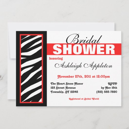Zebra Print Side Rouge Douche nuptiale Invitations (Devant)