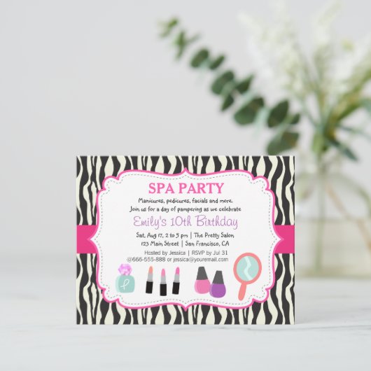 Zebra Print Spa Birthday Party Invitation Kaart (Staand voorkant)