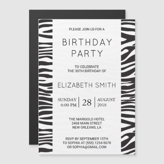 Zebra Print, Stripes, zwart en wit, geboortedag Magnetische Uitnodiging (Voorkant / Achterkant)
