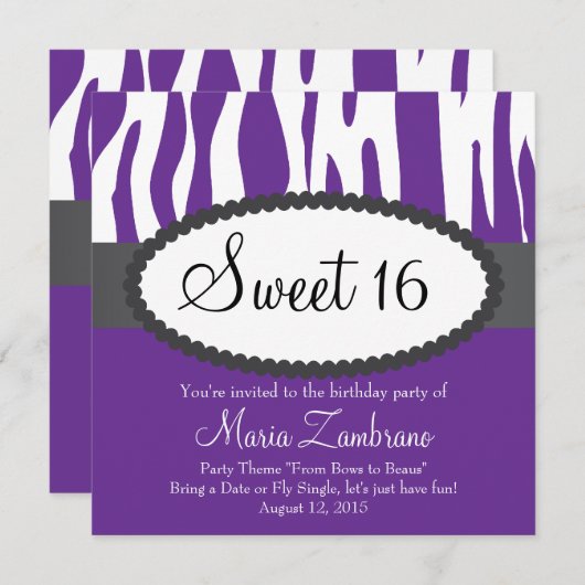 Zebra Print Sweet 16 Birthday Party Invitation Kaart (Voorkant / Achterkant)