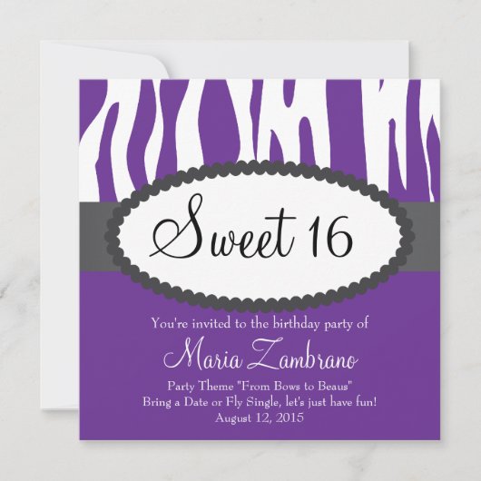 Zebra Print Sweet 16 Birthday Party Invitation Kaart (Voorkant)