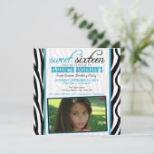 Zebra Print Sweet 16 Party Invitation (bleu aqua) (Debout devant)
